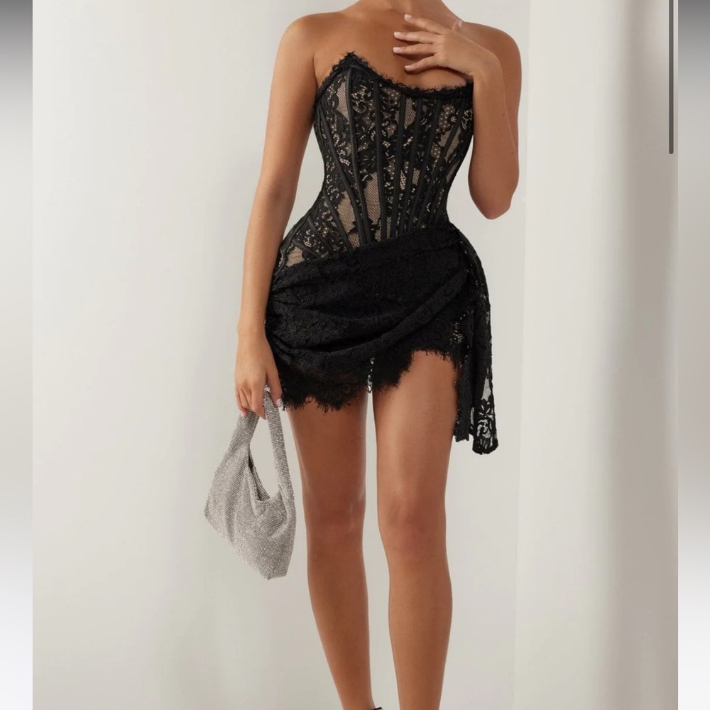 Heiress Black lace corset draped mini dress xs